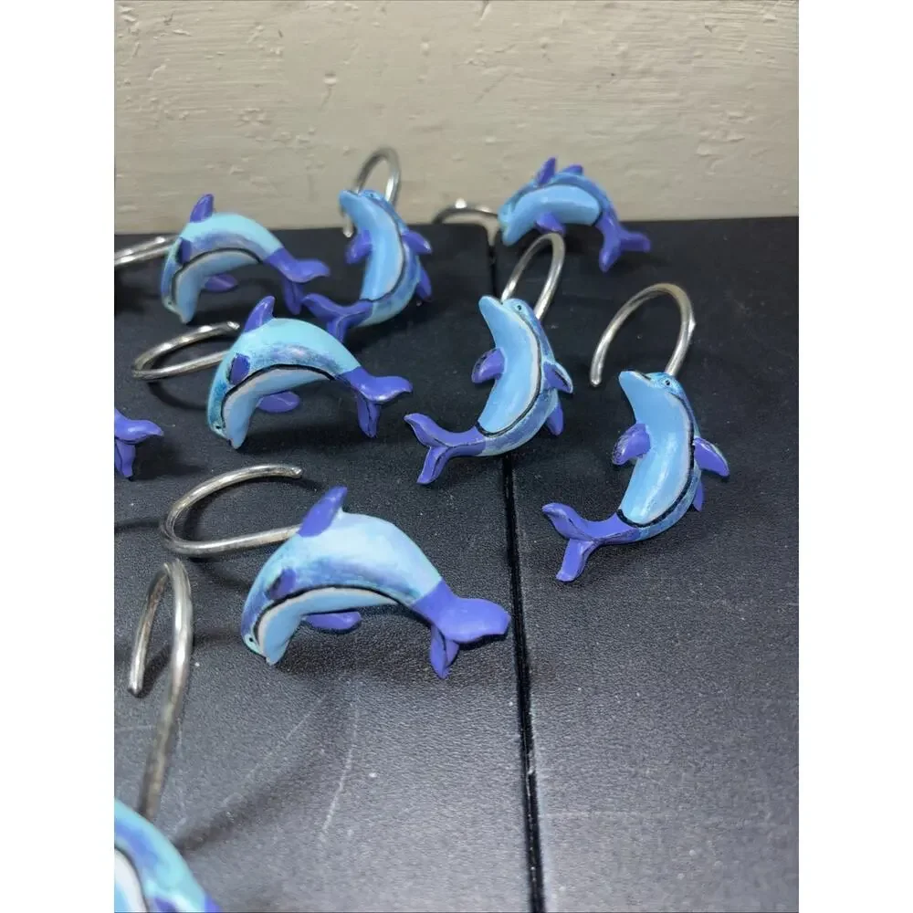 Dolphin Shower Curtain Hooks 12 Resin Whimsical Metal Rings 1 Broken Fin